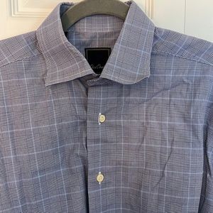 David Donahue Mens Dress Shirt 15.5x33 Navy Glen Plaid